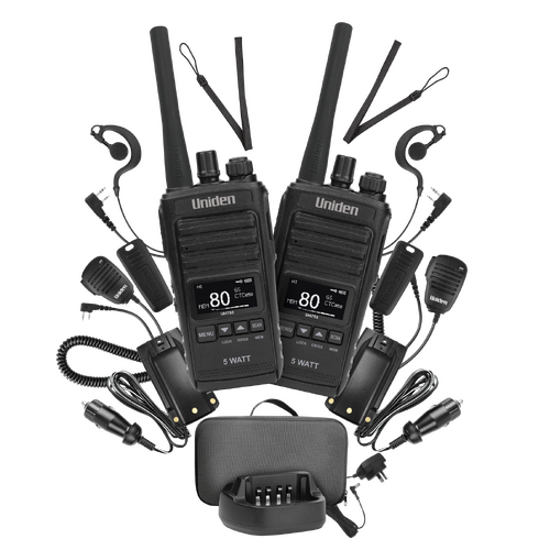 UH755-2DLX Uniden 5 Watt Handheld UHF CB Radio Deluxe Twin Pack Splasproof