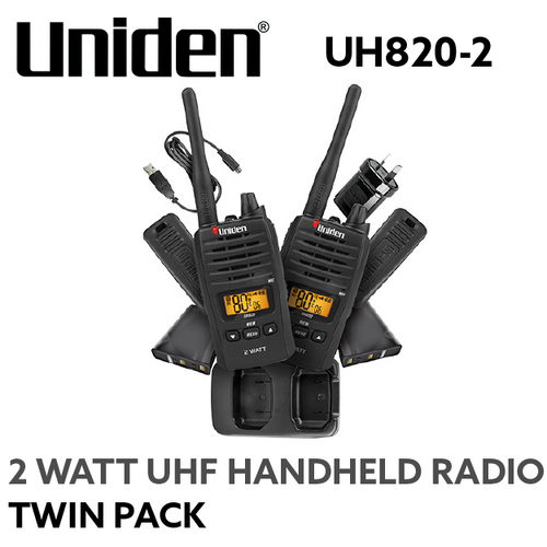 Uniden UH820-2 80 Channel 2 Watt UHF Handheld Radio – Twin Pack